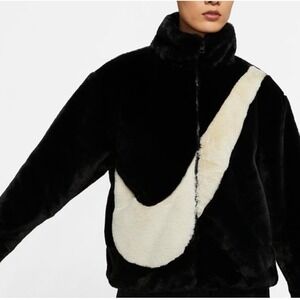 Nike Faux Fur Swoosh Jacket Oversized Coat Black Fossil SMALL DO3791-010 NEW